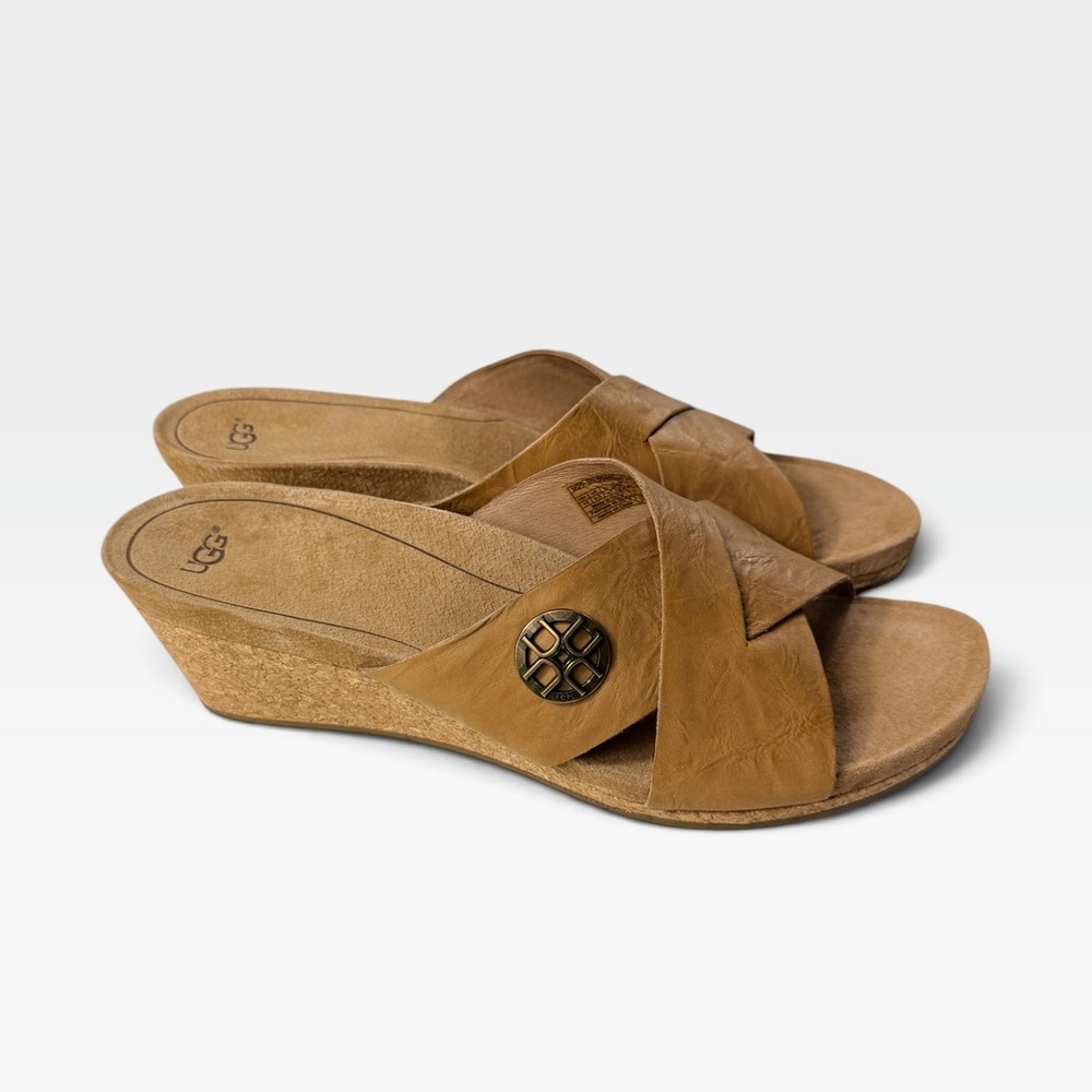 UGG Lyra Wedge Sandals Womens 10 Tawny Leather Cork Slide 1009854